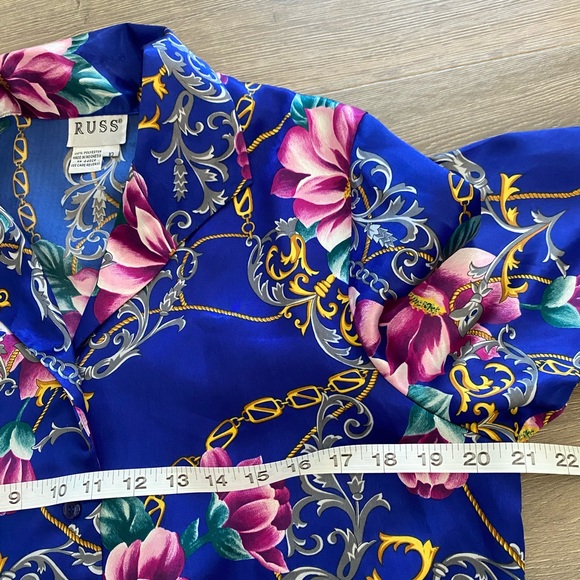 Russ Vintage 80s/90s Silky Floral Printed Long Sleeve Button Down Blouse Top - Picture 10 of 11
